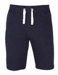 The JH080 shorts by AWDis Just Hoods are dark navy blue and come with a drawstring waist, featuring white drawstrings threaded through metal eyelets for a comfortable, casual style.