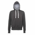 The JH100 by AWDis Just Hoods is a gray hooded sweatshirt featuring white drawstrings, displayed on a mannequin.