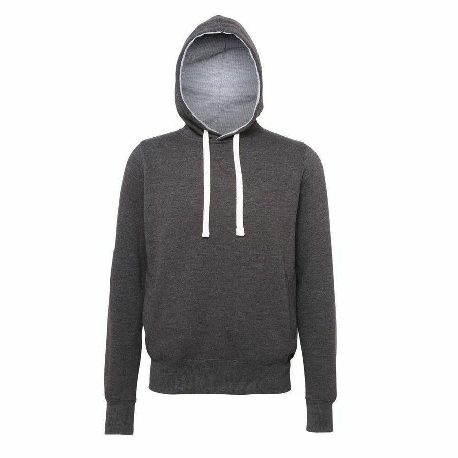 The JH100 by AWDis Just Hoods is a gray hooded sweatshirt featuring white drawstrings, displayed on a mannequin.