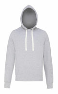 The JH100 hooded sweatshirt by AWDis Just Hoods features a gray design with white drawstrings, showcased against a plain white background.