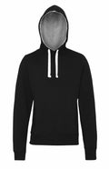 AWDis Just Hoods JH100 - A black hooded sweatshirt with white drawstrings, a front pocket, and long sleeves.