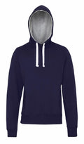 Introducing the AWDis Just Hoods JH100: a classic black hoodie adorned with white drawstrings. This hoodie features a subtle lighter gray inner lining in the hood and embodies a timeless, casual design. Displayed on a clean white background, it’s perfect for any laid-back occasion.