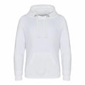 JH101 by AWDis Just Hoods, a white hoodie featuring drawstrings and a front pocket, showcased against a simple background.