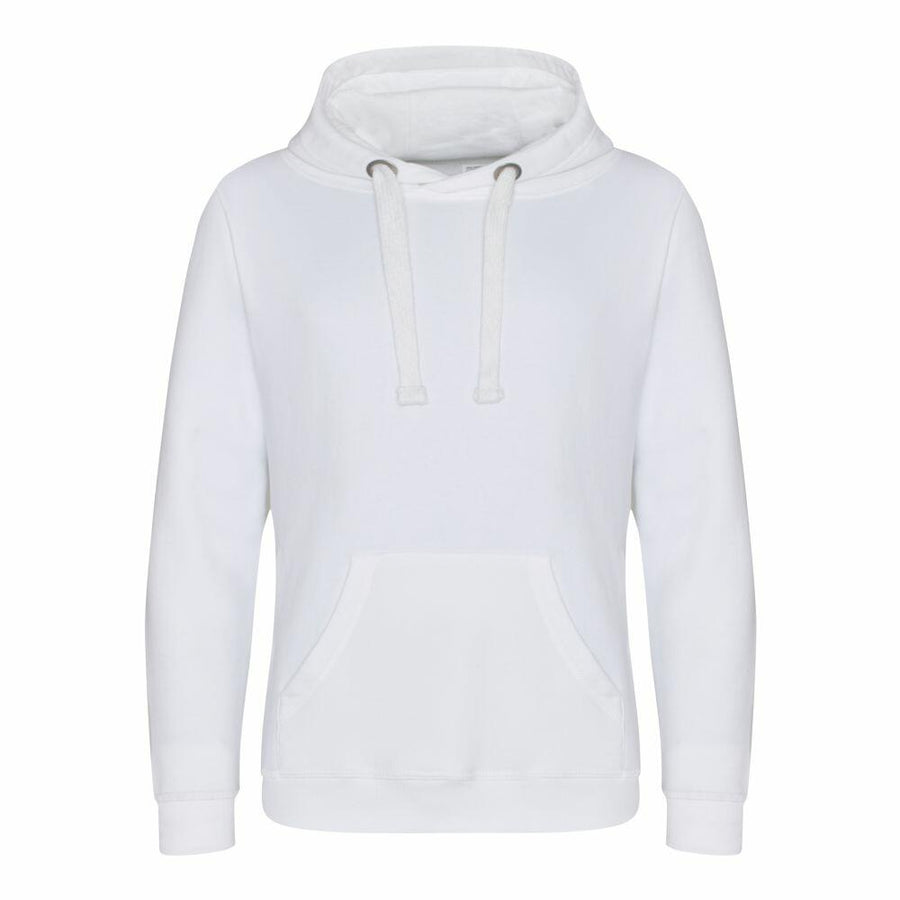 JH101 by AWDis Just Hoods, a white hoodie featuring drawstrings and a front pocket, showcased against a simple background.
