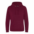 The AWDis Just Hoods JH101 is a burgundy hooded sweatshirt equipped with long sleeves and a front pouch pocket. It includes drawstrings on the hood and showcases a plain design, free from any logos or patterns.