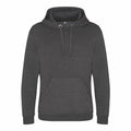 The AWDis Just Hoods JH101 is a gray hooded sweatshirt equipped with long sleeves and a front pouch pocket. It includes drawstrings on the hood and showcases a plain design, free from any logos or patterns.
