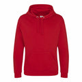 A vivid red JH101 hoodie from AWDis Just Hoods, featuring a front pocket and drawstring hood, showcased against a plain white backdrop. This hoodie offers a simple and casual style, perfect for everyday wear.