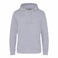 The JH101 hoodie by AWDis Just Hoods is displayed against a white background. This plain gray hoodie features a front pocket and a drawstring hood, crafted from soft, comfortable material that enhances its simple and casual design.