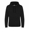 The JH101 hoodie by AWDis Just Hoods is showcased against a white backdrop. This plain black hoodie features long sleeves, a roomy front pocket, and drawstrings accompanying its hood, highlighting its straightforward and cozy design.