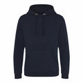Introducing the JH101 by AWDis Just Hoods: a sleek black hoodie featuring long sleeves and a convenient front pouch pocket. This hoodie is designed for comfort with its soft fabric, adjustable drawstring hood, and simple, casual aesthetic.