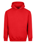 A red hooded sweatshirt with a hood, front pouch pocket, and long sleeves is displayed against a white background.