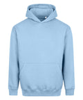 Light blue hoodies with a hood, front pocket, long sleeves, and relaxed fit shown against a white background.