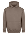 A light brown hooded sweatshirt with a hood, front pocket, and long sleeves, displayed on a white background.