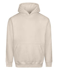 A plain, light beige hoodie sweatshirt with a hood, long sleeves, and a front kangaroo pocket, shown on a white background with no visible logos or designs.