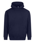 A plain, dark navy blue hoodie sweatshirt with a front pocket and no visible logos or designs, shown on a white background.