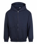 A plain navy blue zip-up hoodie featuring a front zip, two pockets, and a hood, shown on a white background.