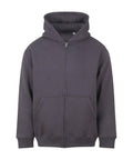 A dark grey zip-up hoodie with front pockets, a hood, and ribbed cuffs and hem, displayed against a white background.
