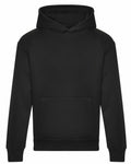 The JH120 by AWDis Just Hoods is a simple black hooded sweatshirt featuring a front pocket and long sleeves, presented flat on a white background.