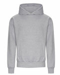 AWDis Just Hoods JH120 plain gray hooded sweatshirt featuring a front pocket, presented against a white background.