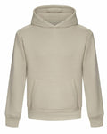 A plain beige hooded sweatshirt, featuring long sleeves and a front kangaroo pocket, from AWDis Just Hoods' JH120 collection, displayed on a white background.