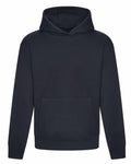 An AWDis Just Hoods JH120 plain black hoodie featuring a front pocket and hood.