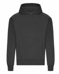 The AWDis Just Hoods JH120 is a plain black hooded sweatshirt, featuring long sleeves and a front pocket. The hood is slightly lifted, with the sweatshirt showcased against a white background.