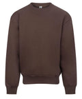 A sweatshirt crew neck with long sleeves, ribbed cuffs and hem in plain brown is displayed against a white background.