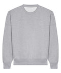 A light grey crewneck sweatshirt with long sleeves, ribbed cuffs, and waistband is laid flat on a white background.
