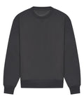 A solid black long-sleeve crew neck sweatshirt with ribbed cuffs, collar, and hem, laid flat on a white background.