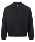 A plain black sweatshirt with a zip-up front, ribbed collar, cuffs, and hem is displayed on a white background. The sweatshirt is shown facing forward with a medium size label at the neck.