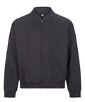 A plain black zip-up sweatshirt with a ribbed collar, cuffs, and hem is shown against a white background. It has long sleeves and features no visible logos or embellishments.