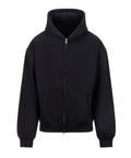 The Hoodies product is a plain black zip-up style featuring a front zip, two pockets, hood, and ribbed cuffs and waistband, shown on a white background.