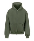 A zip-up hoodie in plain olive green featuring a front pocket, hood, and ribbed cuffs, shown on a white background.