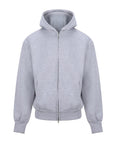 The Hoodies is a plain light grey zip-up with front zip, hood, ribbed cuffs and hem, plus two side pockets, shown on a white background.