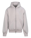 The Hoodies product is a light grey, plain zip-up hoodie featuring a hood, long sleeves, front pockets, and ribbed cuffs and hem, shown against a white background.