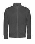 The JH147 zip-up jacket in dark gray, featuring a high collar and long sleeves, by AWDis Just Hoods, is displayed against a plain white background.