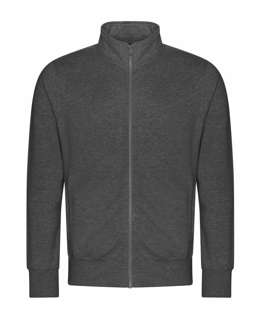 The JH147 zip-up jacket in dark gray, featuring a high collar and long sleeves, by AWDis Just Hoods, is displayed against a plain white background.