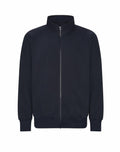 The JH147 by AWDis Just Hoods is a sleek black zip-up jacket featuring a high collar, long sleeves, and ribbed cuffs. This stylish piece is showcased on a white background.