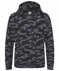 The JH14J by AWDis Just Hoods is a dark gray and black camouflage hoodie featuring a front pocket and hood.