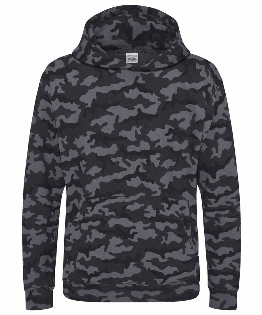 The JH14J by AWDis Just Hoods is a dark gray and black camouflage hoodie featuring a front pocket and hood.