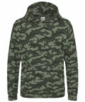 AWDis Just Hoods JH14J features a green camouflage pattern, complete with a front pocket and a drawstring hood.