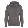 An AWDis Just Hoods JH150 zip-up hoodie in plain gray, featuring a drawstring hood and front pockets.