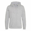 The product is a JH150 light gray zip-up hoodie by AWDis Just Hoods, featuring drawstrings and two front pockets.