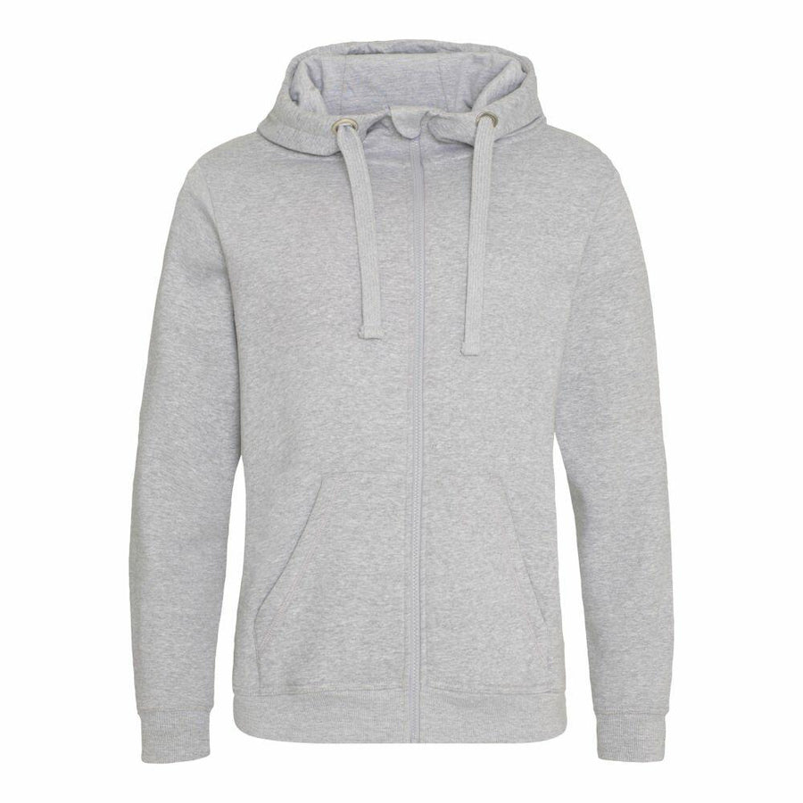 The product is a JH150 light gray zip-up hoodie by AWDis Just Hoods, featuring drawstrings and two front pockets.