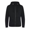 The JH150 hoodie from AWDis Just Hoods is black and features a zip-up design with a hood, drawstrings, front pockets, and a zipper closure.