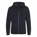 The AWDis Just Hoods JH150 is a black zip-up hoodie, featuring a drawstring hood and front pockets, displayed against a white background.