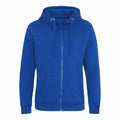 An AWDis Just Hoods JH150 plain blue hoodie featuring a front zipper, drawstrings, and two front pockets.