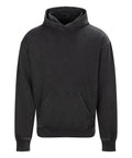 A black hooded sweatshirt with a hood, long sleeves, and a front kangaroo pocket is shown on a white background. It features a relaxed fit.
