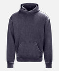 The Hoodies product is a dark grey, stone-washed hoodie with a front kangaroo pocket and ribbed cuffs and hem, shown against a plain light grey background.