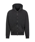 The Hoodies is a plain black zip-up with a front zip, two front pockets, long sleeves, and a hood, shown laid flat on a white background.
